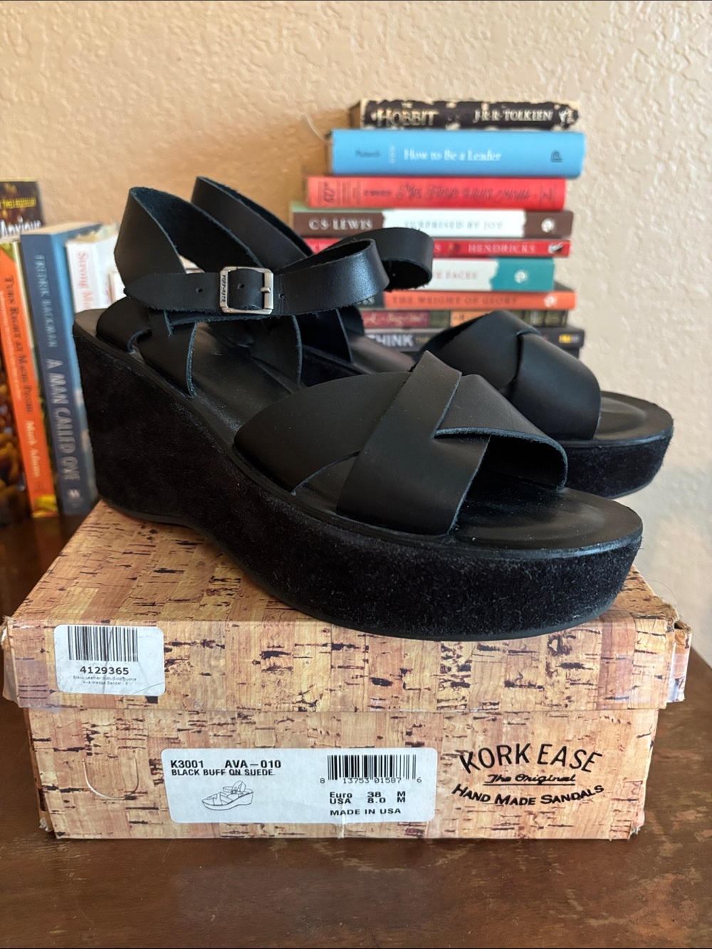 Kork-Ease Black Suede Platform Wedge Sandals